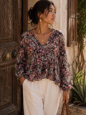 Lovestitch Floral V-Neck Peplum Blouse Small Boho Cottagecore Summer Chic